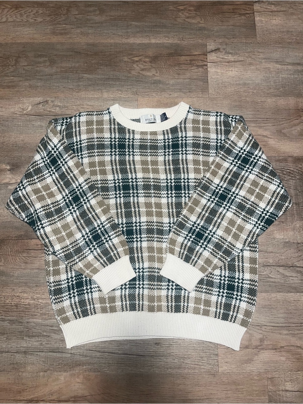 100% Cotton Vintage Plaid Crewneck Sweater in Beige, Green & White